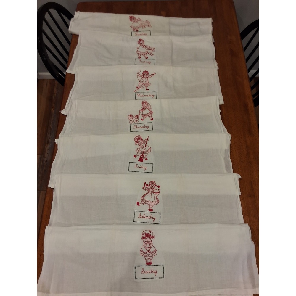 Hand Embroidery Raggady Ann Days Of The Week Towel Set. 100% Cotton, Lot Of 7